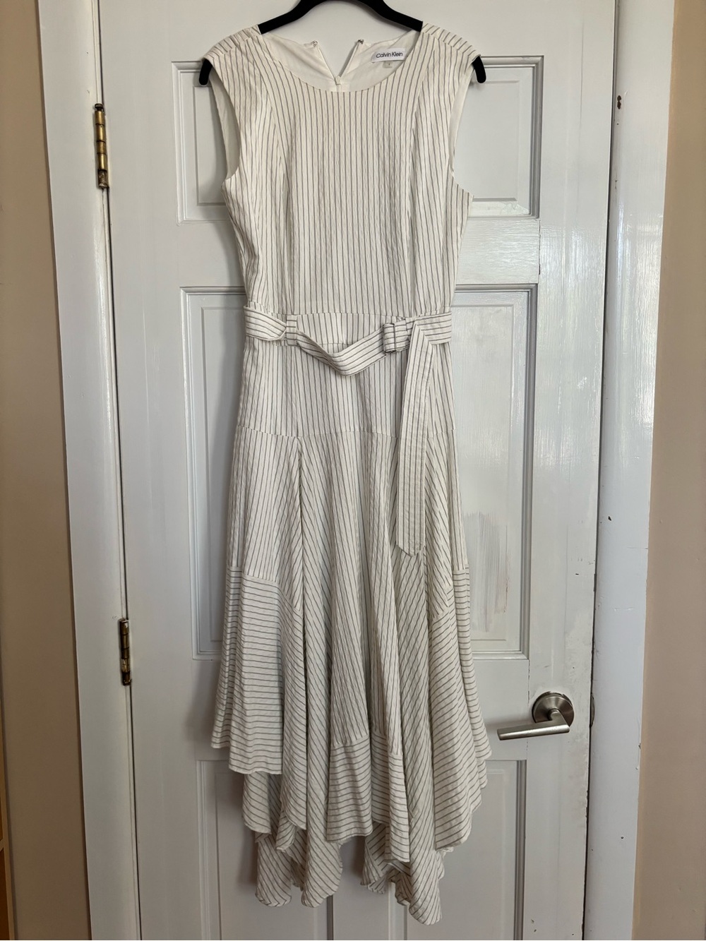 Calvin Klein Ivory Pinstripe Handkerchief Hem Dress